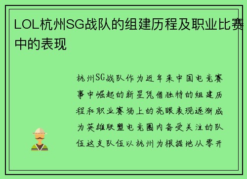 LOL杭州SG战队的组建历程及职业比赛中的表现